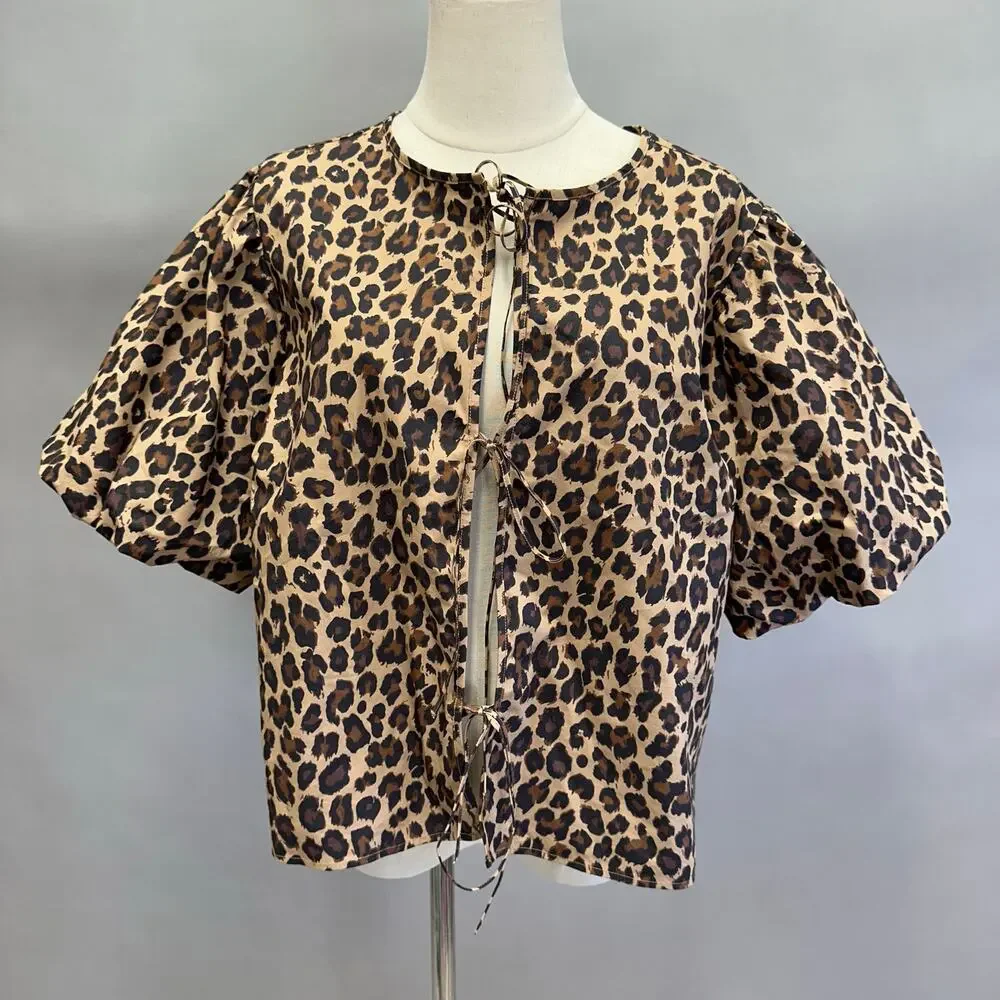 Abercrombie & Fitch Short-Sleeve Tie-Front Top Leopard Print Size Large NWT